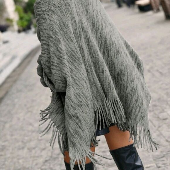 Fuzzy Trim Fringe Hem Space Dye Batwing Sleeve Cardigan - Picture 2 of 5